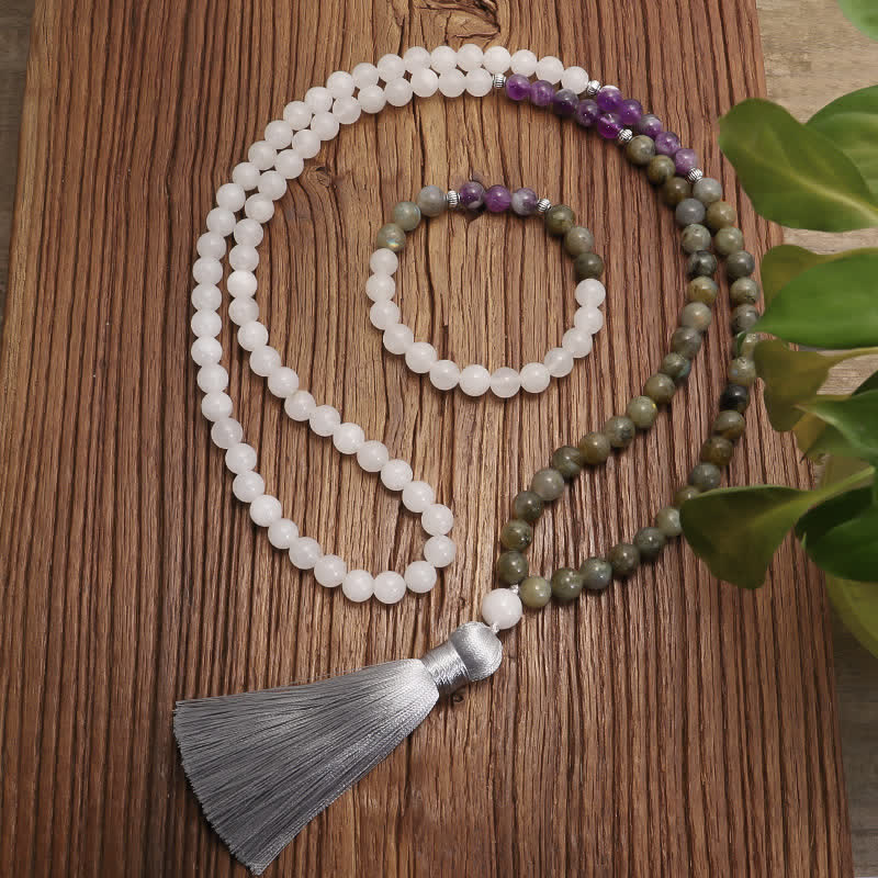 Bracelet Mala 108 perles en pierres précieuses | Agate blanche et améthyste