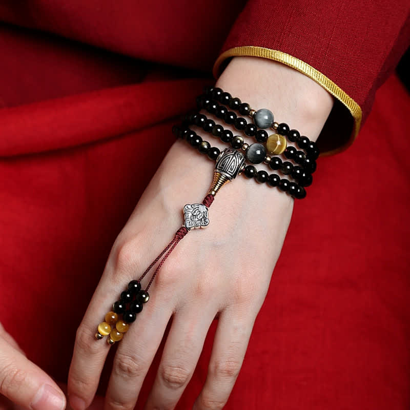 Bracelet de richesse en obsidienne œil-de-tigre à 108 perles dorées et brillantes