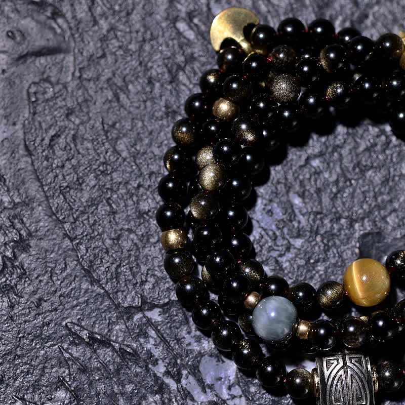 Bracelet de richesse en obsidienne œil-de-tigre à 108 perles dorées et brillantes