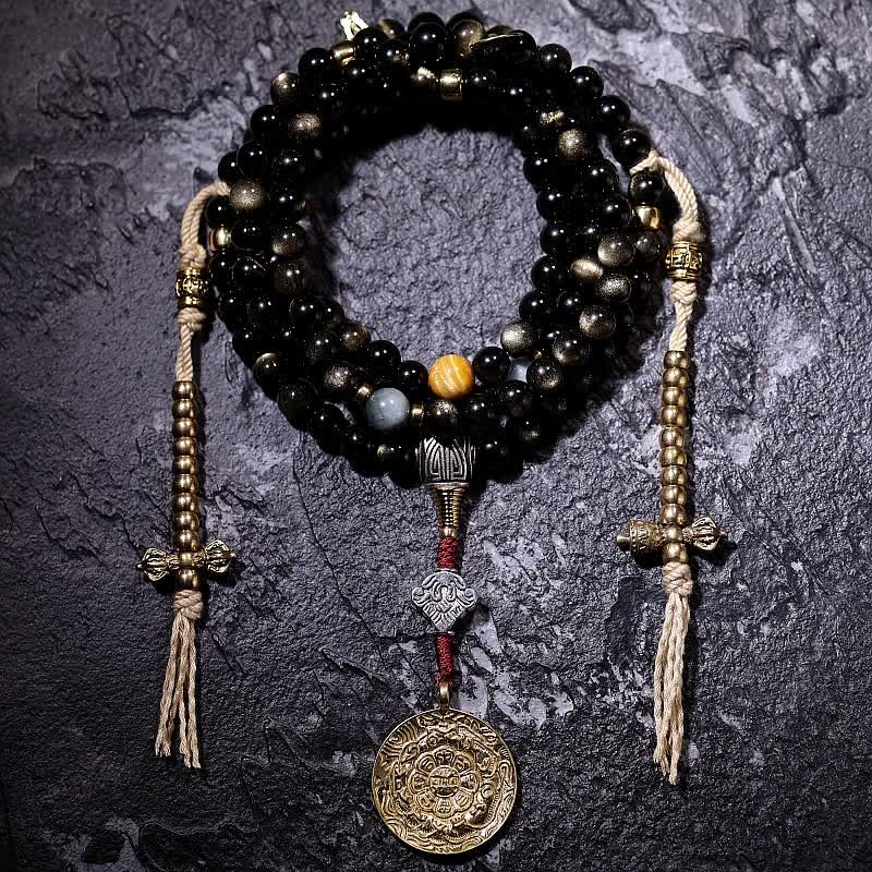 Bracelet de richesse en obsidienne œil-de-tigre à 108 perles dorées et brillantes