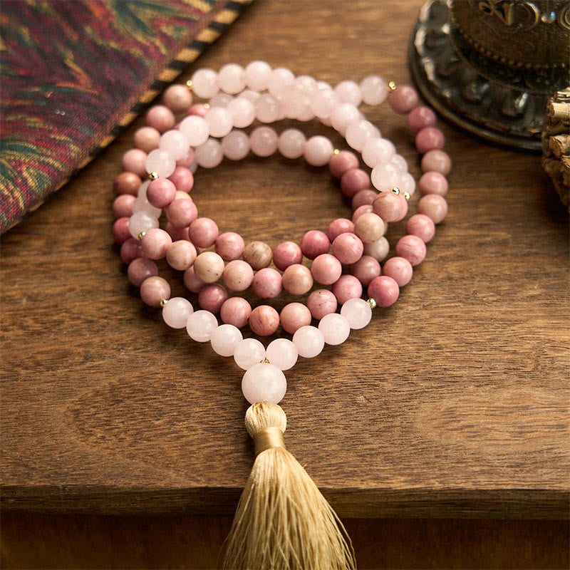 Bracelet Mala 108 perles en rhodonite et quartz rose pour une harmonie de guérison