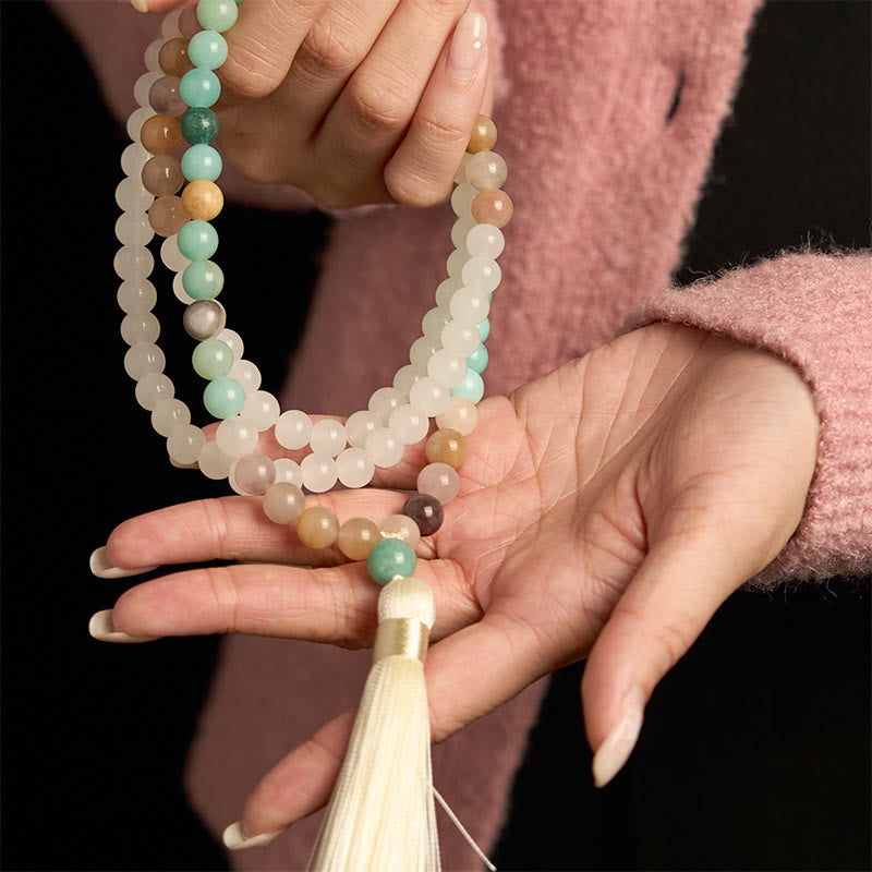 Bracelet Mala de guérison en jade blanc et amazonite à 108 perles