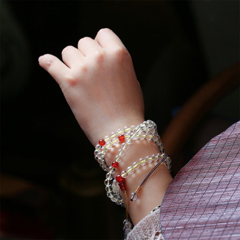 Bracelet de protection quadruple tour en agate blanche et rouge à 108 perles