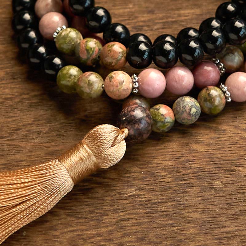 Mala unisexe de guérison 108 perles en jaspe noir et rhodonite