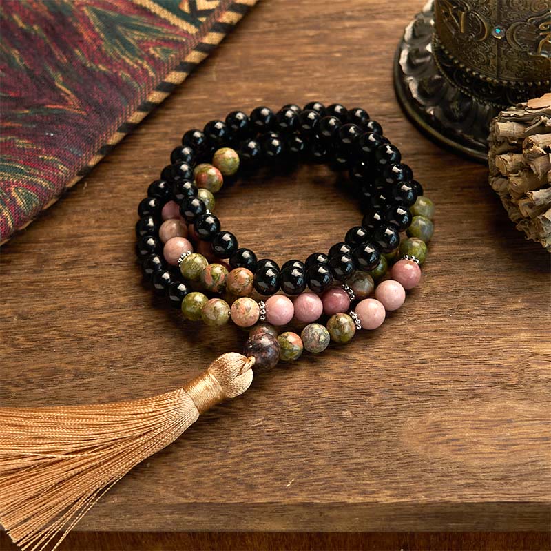 Mala unisexe de guérison 108 perles en jaspe noir et rhodonite