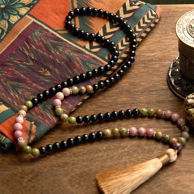 Mala unisexe de guérison 108 perles en jaspe noir et rhodonite