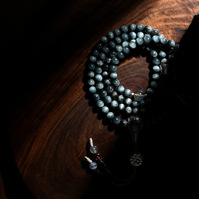 Bracelet Mala 108 perles en pierre œil d'aigle pour une énergie positive