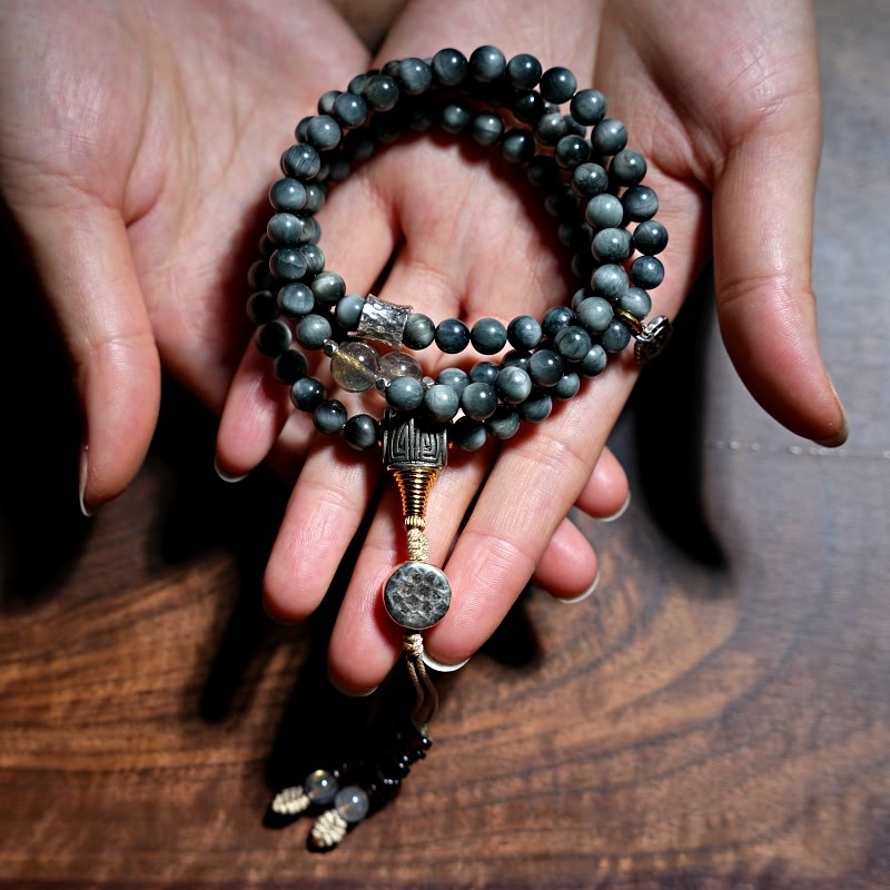 Bracelet Mala 108 perles en pierre œil d'aigle pour une énergie positive
