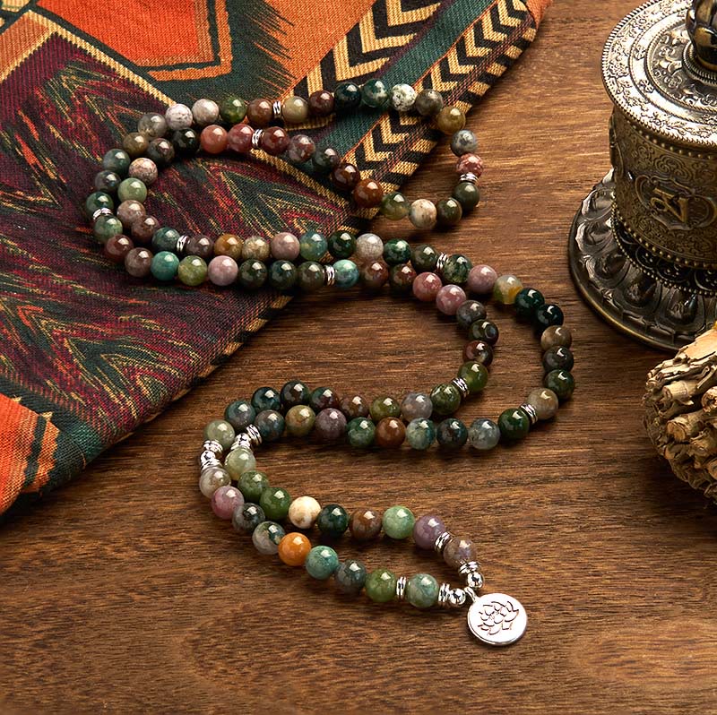 Bracelet de méditation en agate indienne 108 perles, lotus apaisant