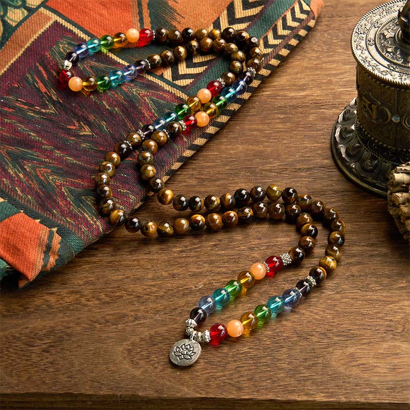 Bracelet de protection 108 perles en œil de tigre couleur lotus