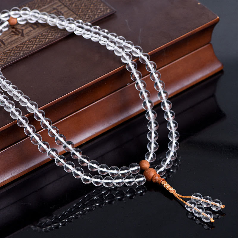 Bracelet de guérison en bois de santal et cristal blanc 108 perles 6 mm