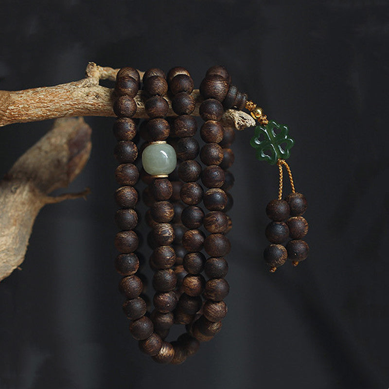 Bracelet Mala 108 Perles Bois Agarwood Jade 999 Or Paix