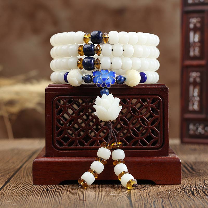 8mm Bodhi Seed Peace Bracelet with Opal, Red Agate & Lazurite Beads