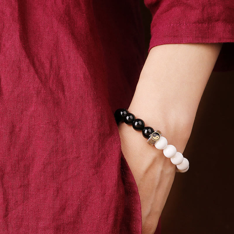 Bracelet de force Yin Yang en obsidienne noire de 10 mm