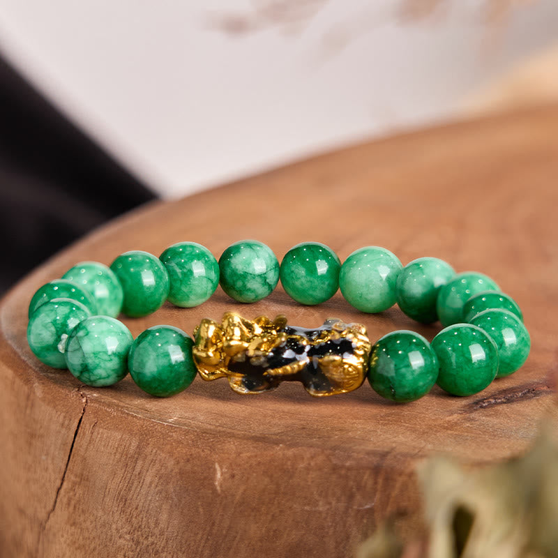 Bracelet de protection Pixiu en jade cyan de 10 mm pour la richesse et la chance