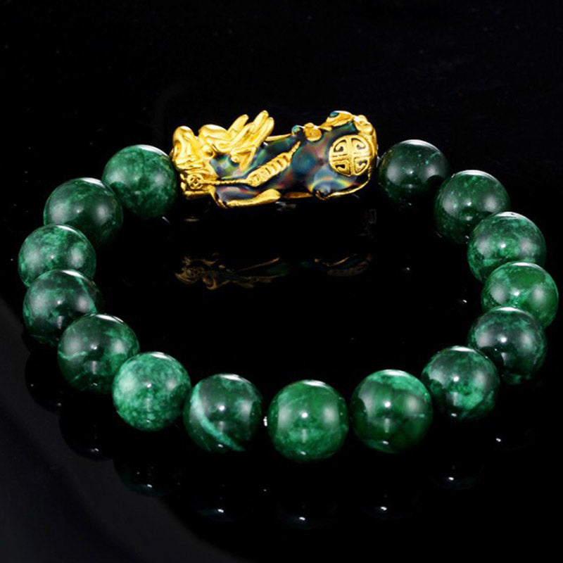 Bracelet de protection Pixiu en jade cyan de 10 mm pour la richesse et la chance