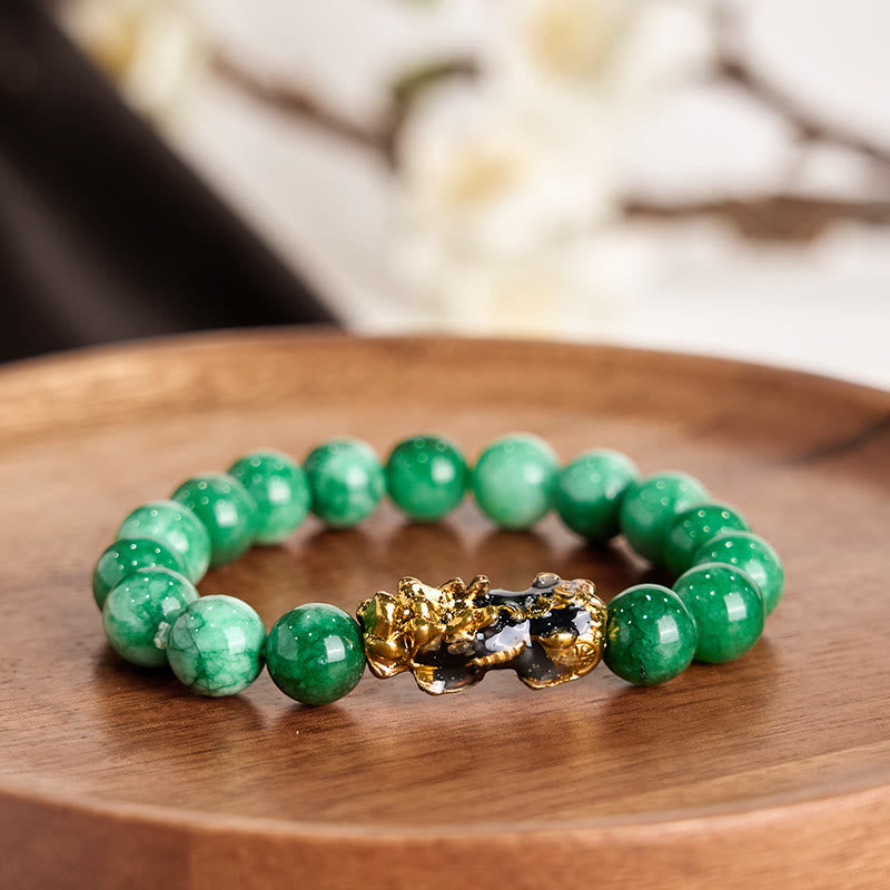 Bracelet de protection Pixiu en jade cyan de 10 mm pour la richesse et la chance