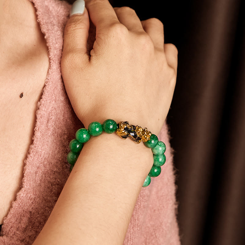 Bracelet de protection Pixiu en jade cyan de 10 mm pour la richesse et la chance