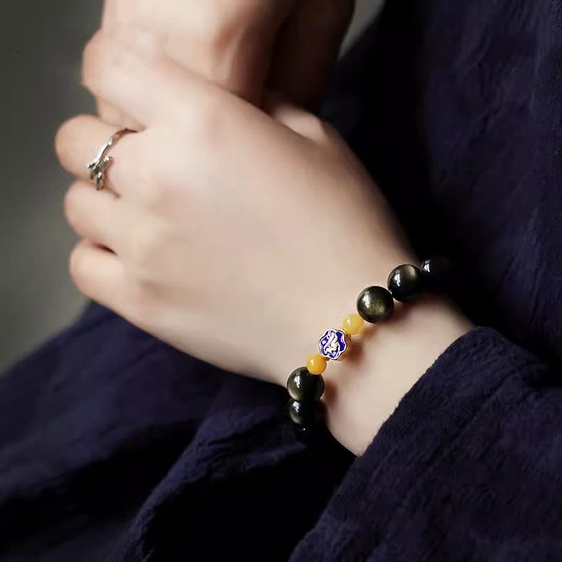 Bracelet de protection du zodiaque chinois en obsidienne dorée brillante de 10 mm