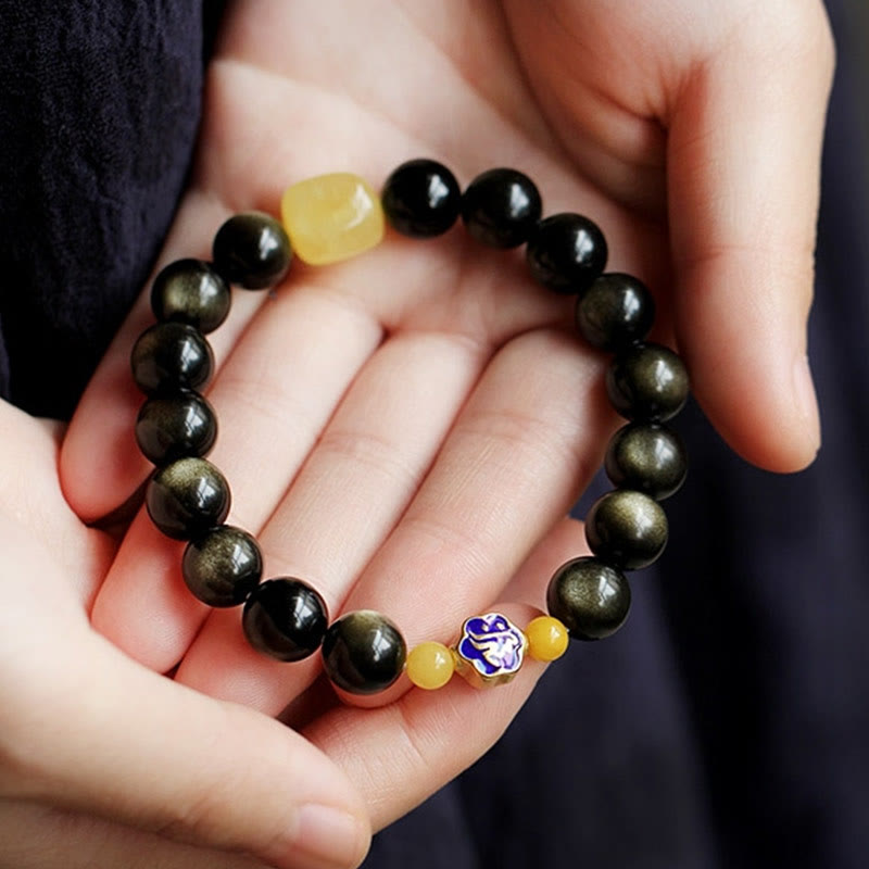 Bracelet de protection du zodiaque chinois en obsidienne dorée brillante de 10 mm