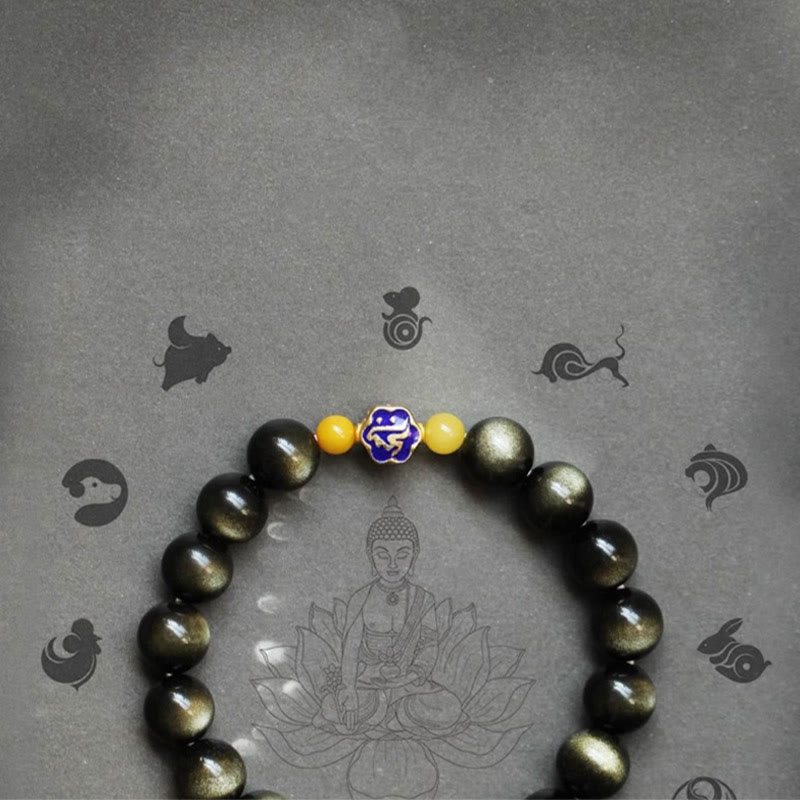 Bracelet de protection du zodiaque chinois en obsidienne dorée brillante de 10 mm