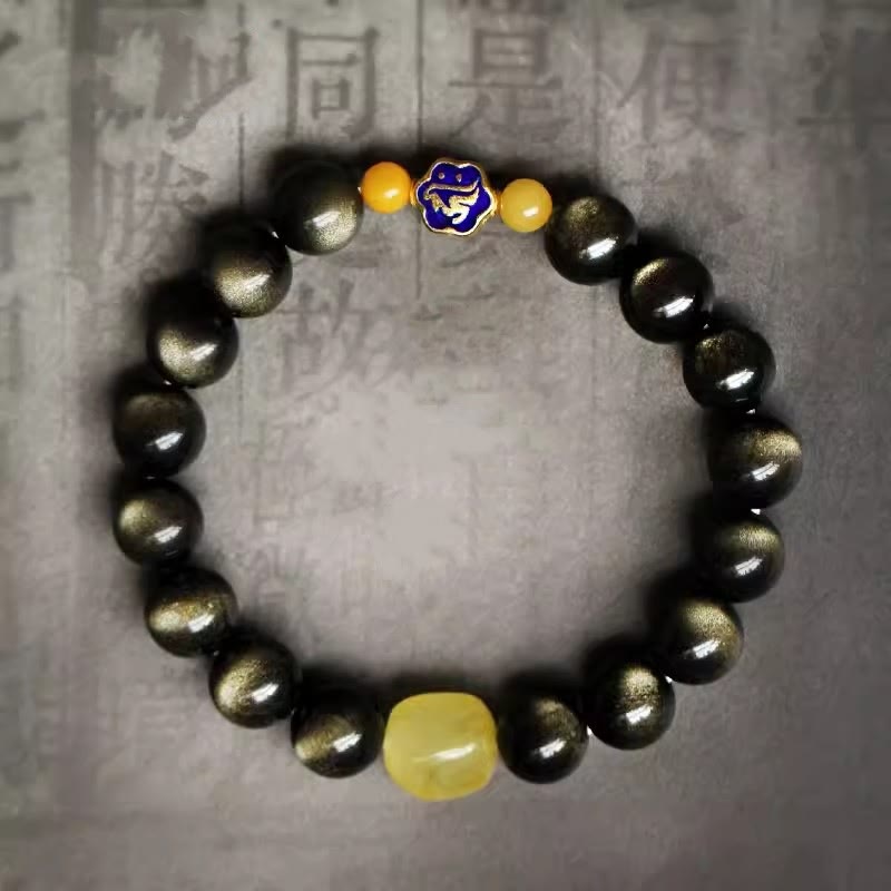Bracelet de protection du zodiaque chinois en obsidienne dorée brillante de 10 mm
