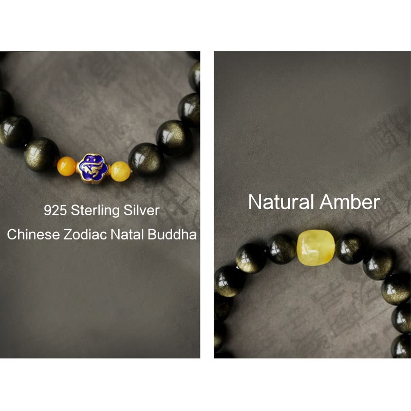 Bracelet de protection du zodiaque chinois en obsidienne dorée brillante de 10 mm