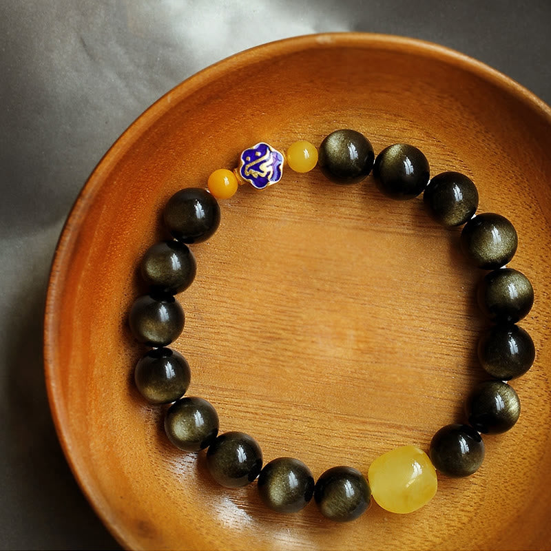 Bracelet de protection du zodiaque chinois en obsidienne dorée brillante de 10 mm