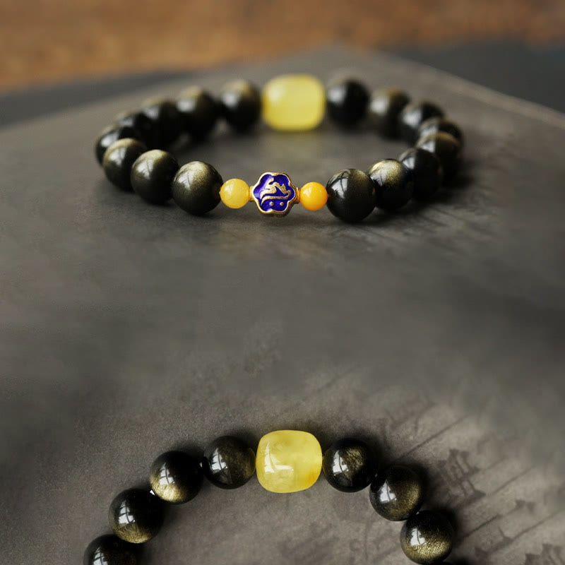 Bracelet de protection du zodiaque chinois en obsidienne dorée brillante de 10 mm