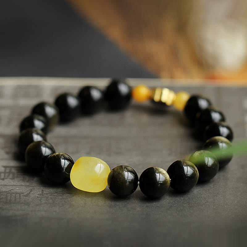 Bracelet de protection du zodiaque chinois en obsidienne dorée brillante de 10 mm
