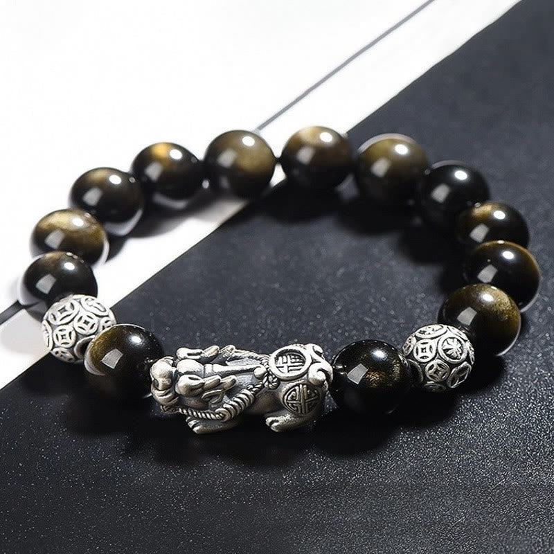 Bracelet Pixiu en obsidienne dorée brillante de 10 mm pour la protection de la richesse
