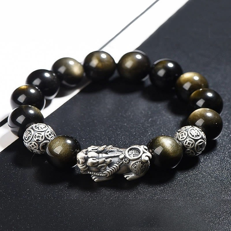 Bracelet Pixiu en obsidienne dorée brillante de 10 mm pour la protection de la richesse