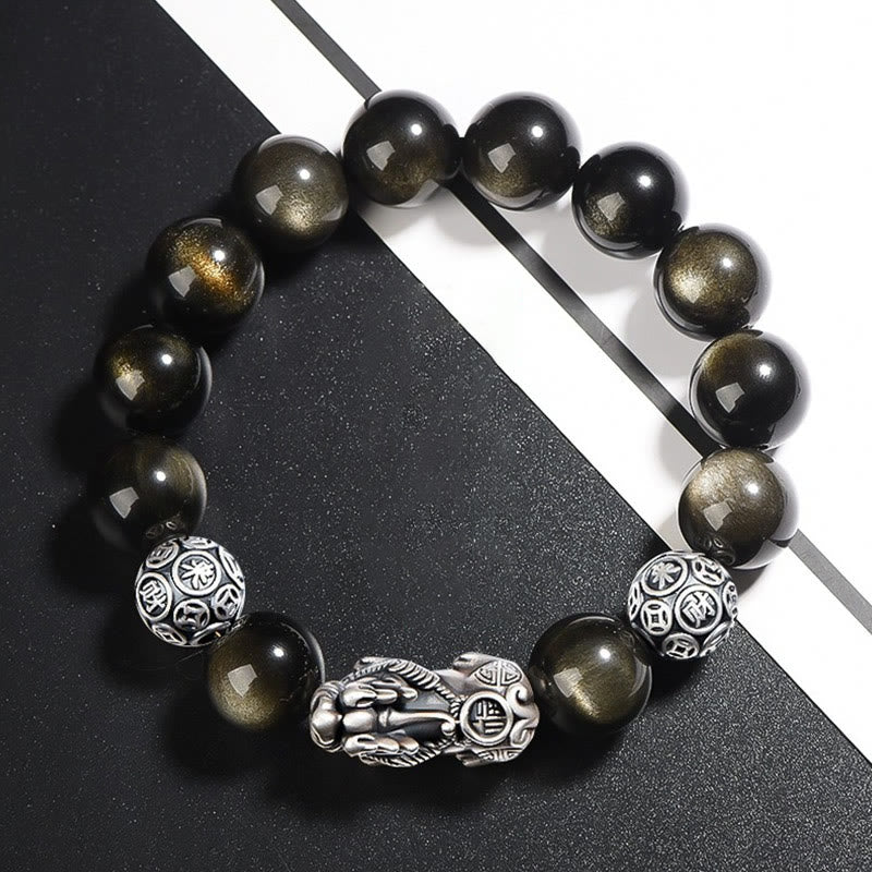Bracelet Pixiu en obsidienne dorée brillante de 10 mm pour la protection de la richesse
