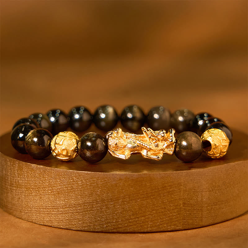 Bracelet de richesse Pixiu Om Mani Padme Hum en obsidienne dorée brillante de 10 mm