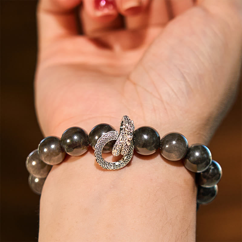 Bracelet de protection dragon en obsidienne argentée brillante de 10 mm