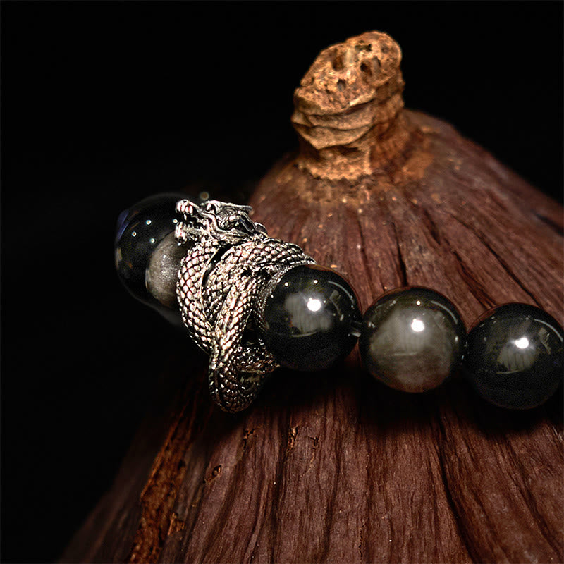 Bracelet de protection dragon en obsidienne argentée brillante de 10 mm