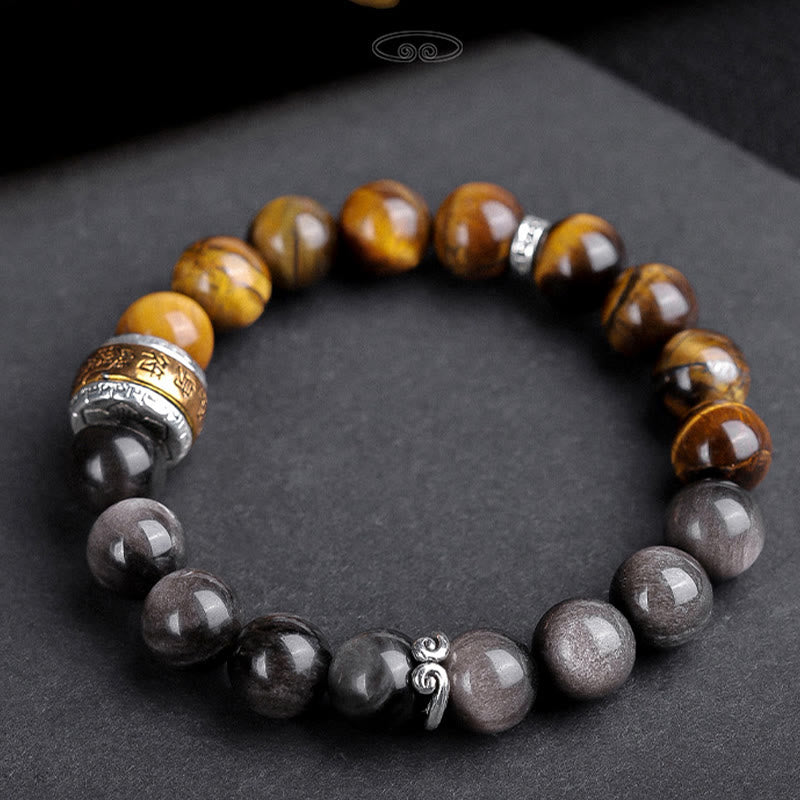 Bracelet Om Mani Padme Hum en obsidienne œil de tigre argenté brillant de 10 mm