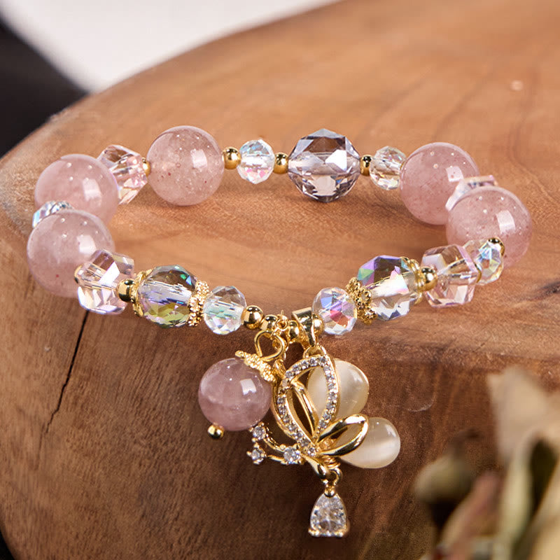Bracelet de guérison papillon en quartz fraise de 10 mm pour femme