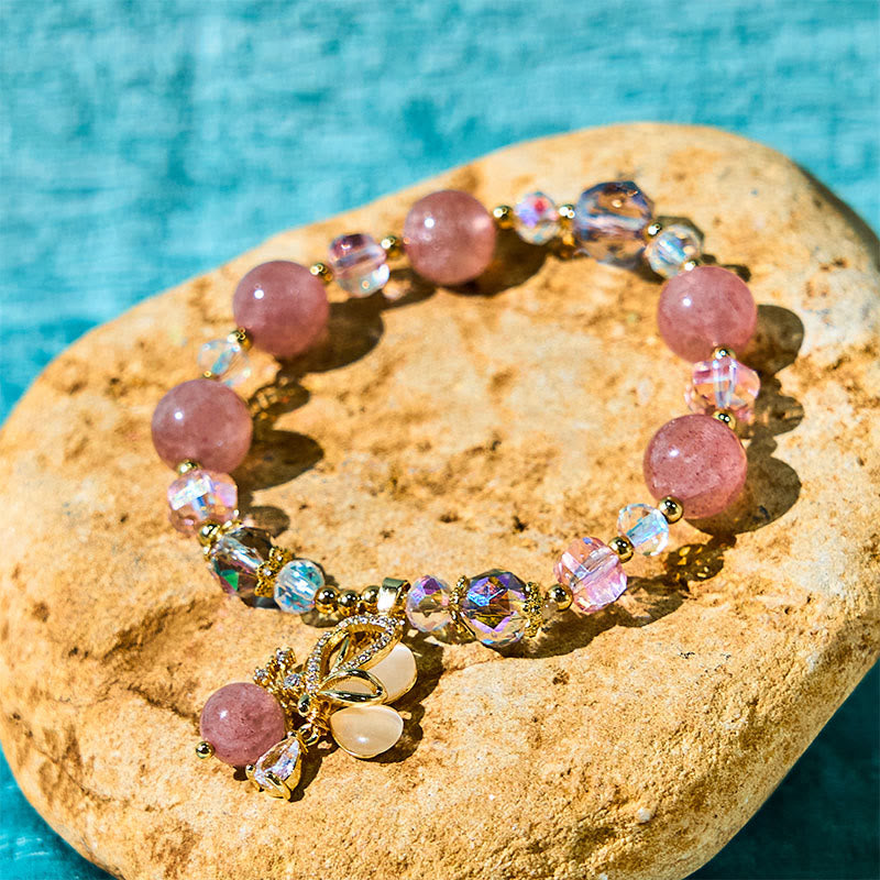 Bracelet spirituel papillon en quartz fraise de 10 mm pour femme