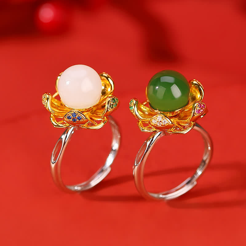 Bague de réussite en jade blanc et cyan de 10 mm avec fleur de lotus