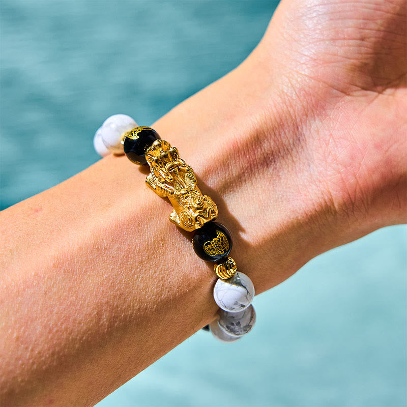 Bracelet de protection Pixiu en onyx noir et turquoise blanc de 10 mm