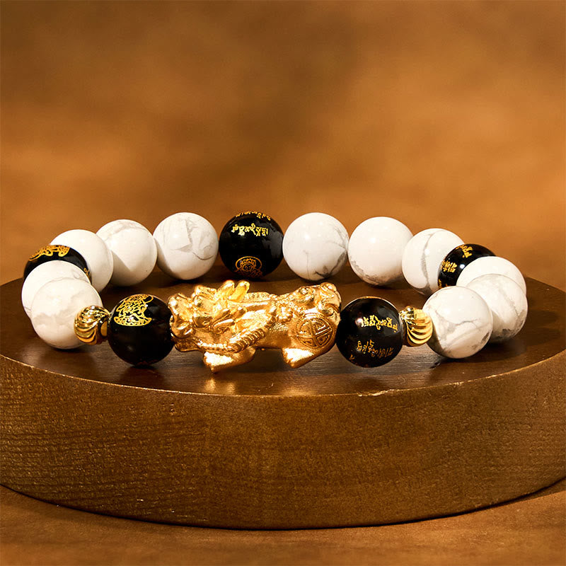 Bracelet de protection Pixiu en onyx noir et turquoise blanc de 10 mm