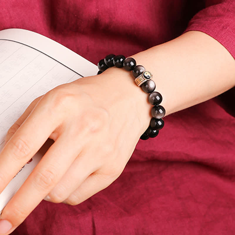 Bracelet de protection en obsidienne Yin Yang 10 mm en argent sterling