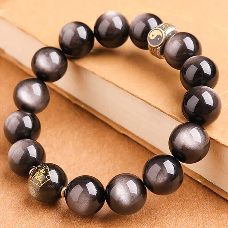 Bracelet de protection en obsidienne Yin Yang 10 mm en argent sterling