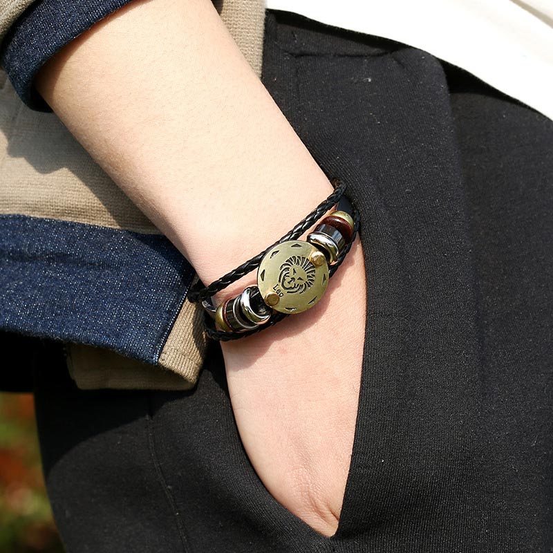 Bracelet à breloques en cuir hématite avec 12 constellations du zodiaque