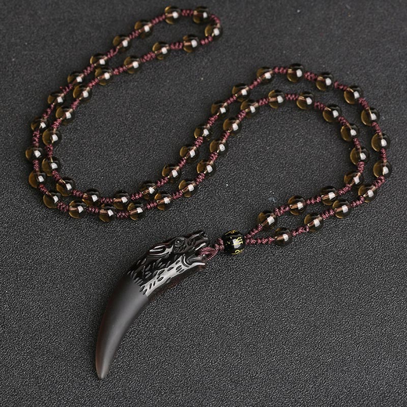 Grand collier courageux à motif de dents de loup en obsidienne glacée