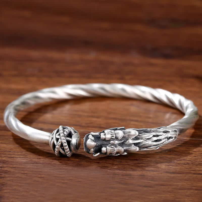 999 Sterling Silver Dragon Luck Strength Cuff Bracelet
