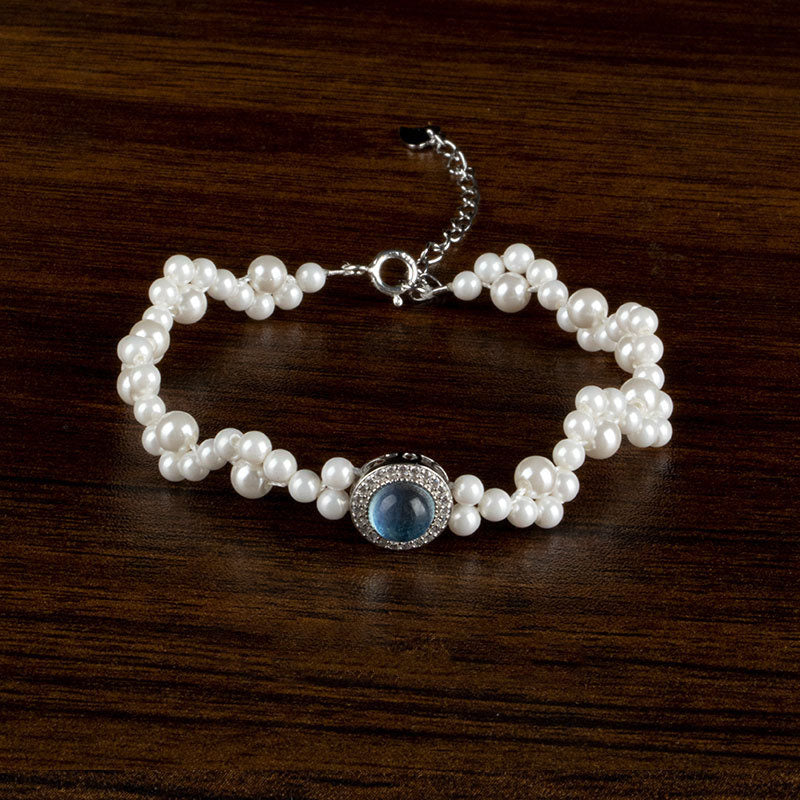 Bracelet et bague de guérison en argent sterling 925 avec perle et calcédoine bleue
