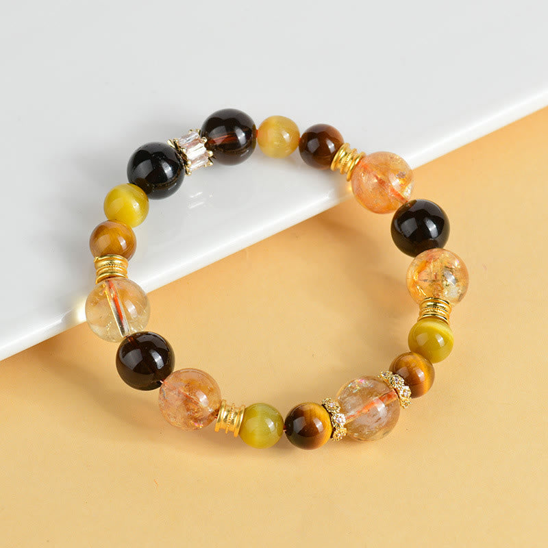 Bracelet de prospérité en œil de tigre et quartz fumé citrine 11 mm