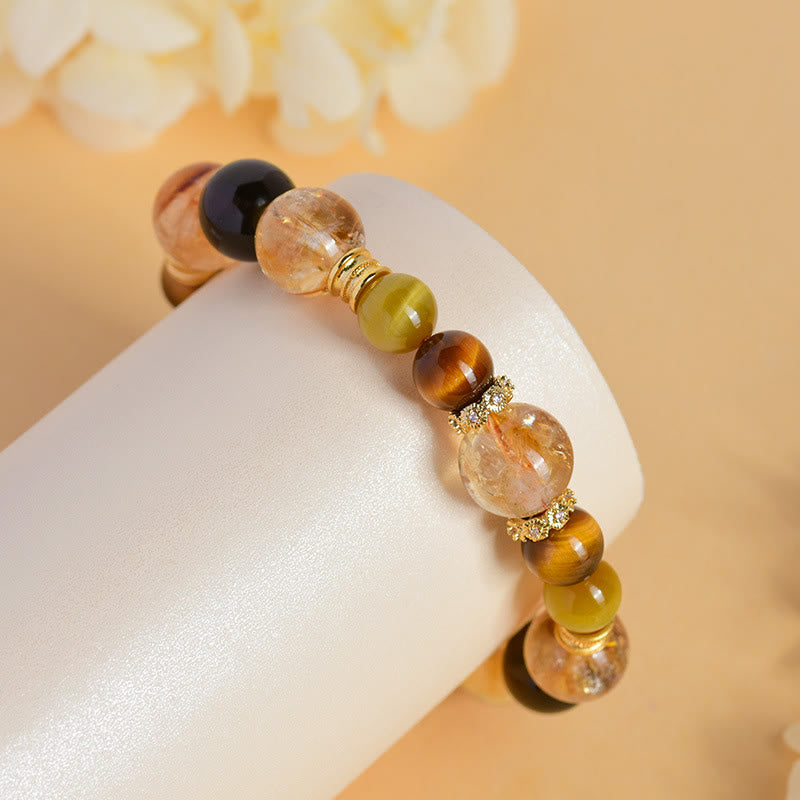 Bracelet de prospérité en œil de tigre et quartz fumé citrine 11 mm